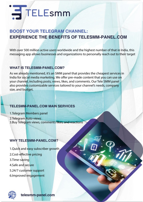 We offer a Telegram SMM panel that can help increase your subscribers quickly and easily. We offer a wide range of services to Telegram channel owners so they can grow their audience.

Visit :- https://telesmm-panel.com/blog/boost-your-telegram-channel-experience-the-benefits-of-telesmm-panelcom

#TelegramChannel
#TelegramChannelGrowth
#TelegramChannelSubscribers
#TelegramSMMPanel
#TelegramSMMServices