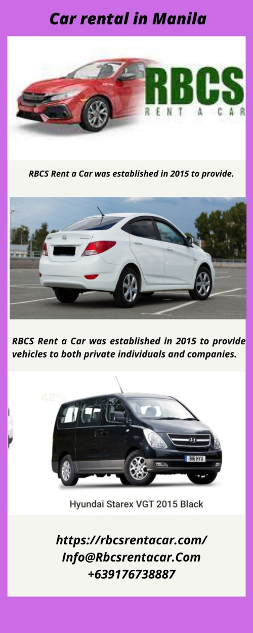 RBCS Rent a Car provides a wide range of cars that you can select from which include Nissan, Toyota, Chevrolet, Hyundai, Mazda, Mitsubishi, and many more. Our Car rental Manila will be best for you whether you are flying in or flying out. Our professional and experienced drivers will be waiting for you at the airport on time. https://rbcsrentacar.com/car-rental-services-manila/
