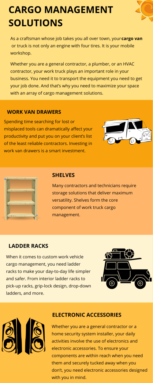 As a craftsman whose job takes you all over town, your cargo van or truck is not only an engine with four tires. It is your mobile workshop. Whether you are a general contractor, a plumber, or an HVAC contractor, your work truck plays an important role in your business. You need it to transport the equipment you need to get your job done. And that’s why you need to maximize your space with an array of cargo management solutions. To know more visit here https://commercialvansolutions.com/blog/2018/07/20/cargo-van-shelving-ideas/