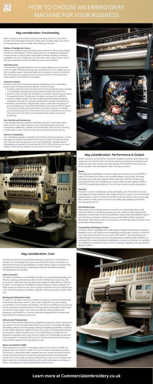 With considerations like Functionality, performance and output, and cost, Commercial Embroidery show you how to choose the perfect commercial embroidery machine for your business. 
 https://www.commercialembroidery.co.uk/
#Embroidery, #Single Head Embroidery,  #Embroidery Machine
