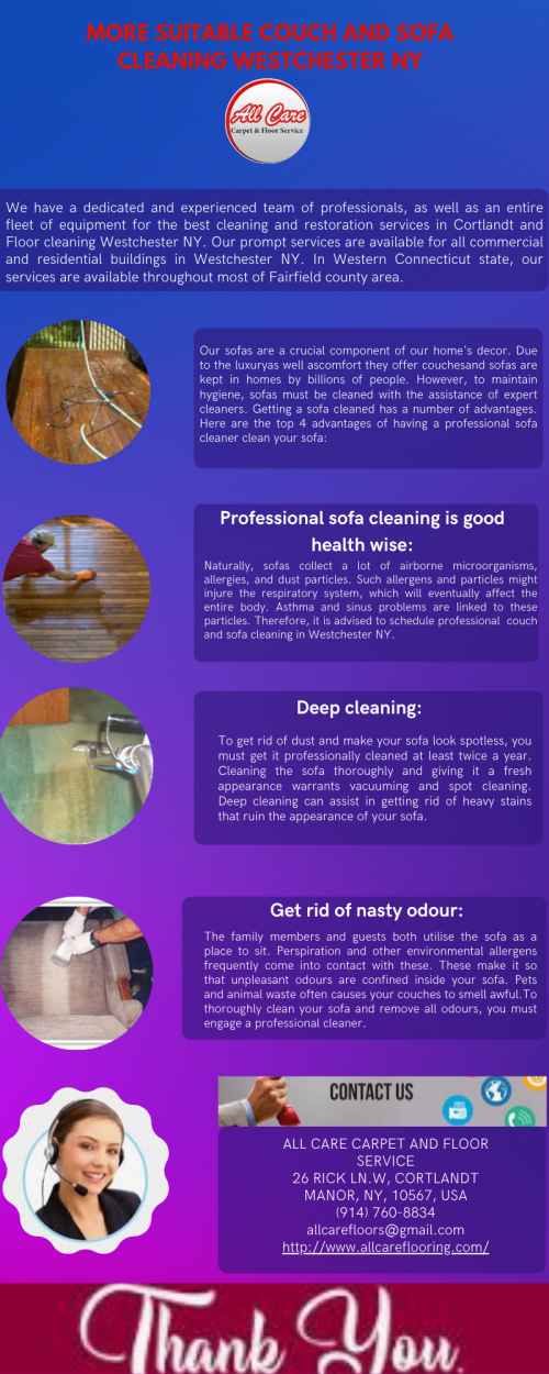 Carpet cleaning in Westchester NY area has never been easier! All-Care Carpet & Floor Service is dedicated to providing you with a better experience that leaves your carpet clean and your homehealthier. When we’re done, all that’s left is cleaner, softer and more beautiful carpet – no unpleasant residue that will attract future dirt and grime.
Follow us: http://www.allcareflooring.com/
