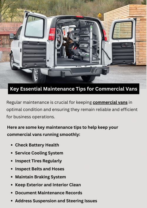 Keep your commercial van in top condition with these essential maintenance tips. Regularly check fluid levels, tires, and brakes to ensure safe operation. Schedule routine inspections and address any issues promptly to prevent breakdowns. Clean the interior and exterior regularly to maintain a professional appearance. Invest in quality parts and accessories for longevity. By staying proactive with maintenance, you can keep your commercial van running smoothly and reliably for years to come. To know more visit here https://commercialvansolutions.com/