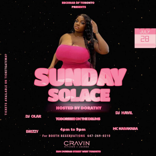 ESCOBAR OF TORONTO is organizing SUNDAY SOLACE event by ESCOBAR OF TORONTO on 2024–07–28  3 PM in ,  Canada, we are selling the tickets for SUNDAY SOLACE https://www.ticketgateway.com/event/view/sunday-solace