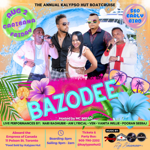 Hut 2 Ent. is organizing BAZODEE Boat Cruise event by Hut 2 Ent. on 2024–08–02 9 PM in, Canada, we are selling the tickets for BAZODEE Boat Cruise https://www.ticketgateway.com/event/view/bazodee-boat-cruise