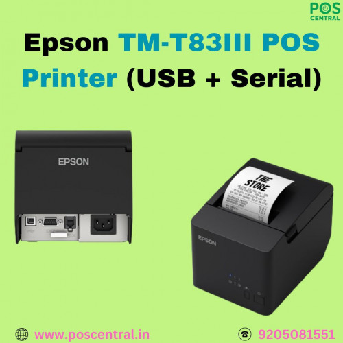 The Epson TM-T83III is a versatile, high-performance printer designed for demanding retail settings. It features convenient drop-in paper loading, an auto-cutter for seamless operation, and status LEDs for easy monitoring. Its adaptive design ensures it fits perfectly in busy environments, while the built-in power supply removes the need for external adapters. Epson TM-T83III POS Printer (USB + Serial) printer combines efficiency with ease of use, making it an excellent choice for your point-of-sale needs. Available at POS Central India. Visit for more information: https://www.poscentral.in/epson-tm-t83iii-pos-printer-usb-serial.html