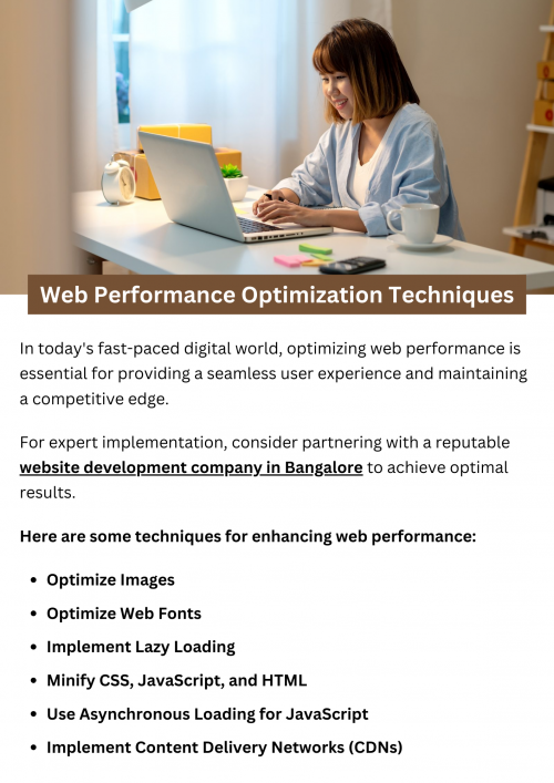 Web performance optimization techniques focus on enhancing a website’s speed and efficiency. Key strategies include minimizing HTTP requests, compressing files, optimizing images, and leveraging browser caching. Implementing content delivery networks (CDNs) and asynchronous loading for scripts also contribute to faster load times. By improving performance, websites provide a better user experience, reduce bounce rates, and can achieve higher search engine rankings. To know more visit here https://singhimarketingsolutions.com/website-development-services/bangalore/