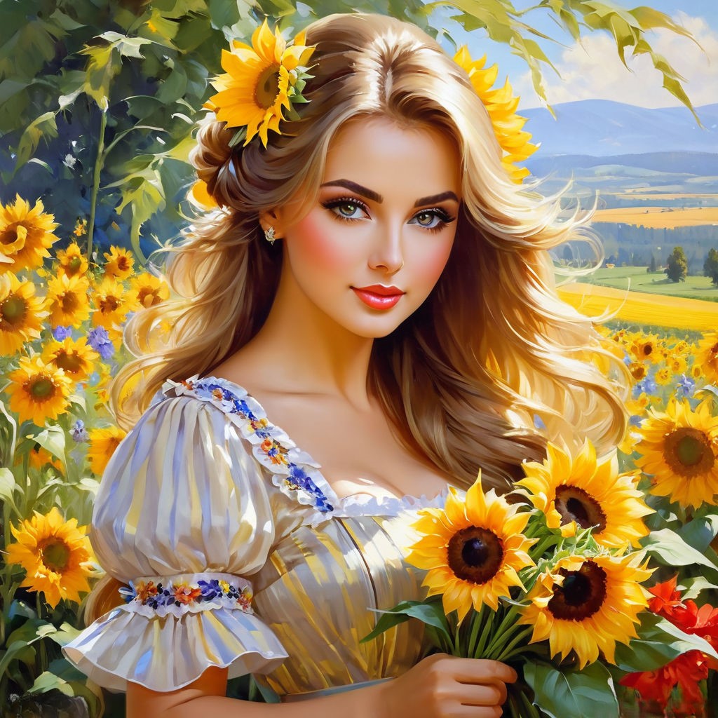 portrait painting konstantin razumov style beautiful russian woman in a beautiful dress with sunfl (