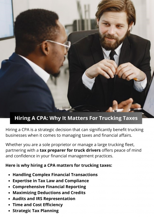 Hiring a CPA is crucial for trucking businesses seeking to navigate the complexities of tax compliance, maximize deductions, and plan strategically for long-term financial success. Their expertise in tax law, financial reporting, and strategic planning adds significant value by ensuring accuracy, efficiency, and compliance with regulatory requirements.  To know more visit here https://www.truckersprocpa.ca/trucking-tax-planning-preparation-services