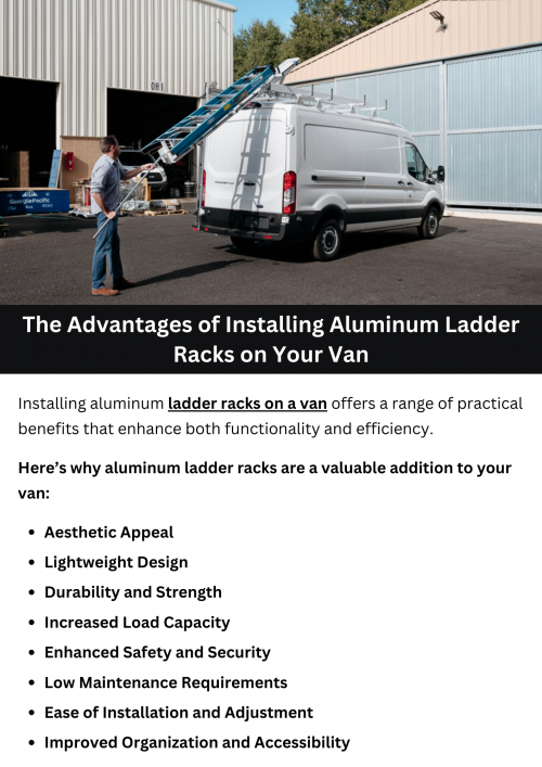 Installing aluminum ladder racks on your van provides several advantages, including increased cargo space and improved organization. Aluminum racks are lightweight yet durable, reducing overall vehicle weight and enhancing fuel efficiency. They also offer secure storage for ladders and equipment, protecting your gear and making it easily accessible. Additionally, they help maintain a clean, professional appearance for your van. To know more visit here https://commercialvansolutions.com/van-ladder-racks/