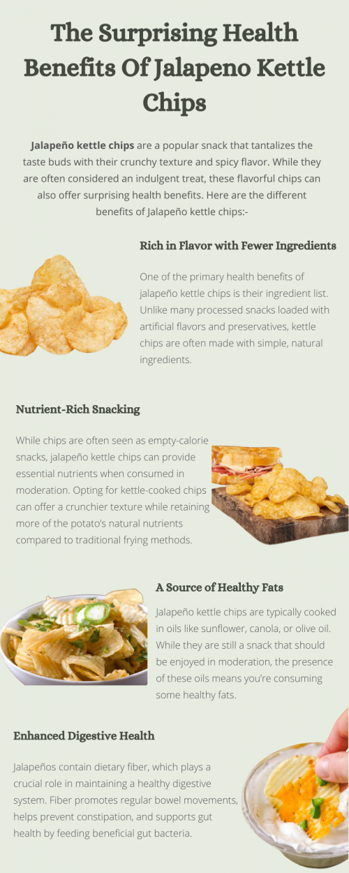 Jalapeno kettle chips enjoyed in moderation, offer surprising health benefits. The capsaicin in jalapenos boosts metabolism and may aid in weight loss. These chips provide a satisfying crunch, helping to curb cravings for unhealthy snacks. Additionally, they can stimulate endorphin release, enhancing mood. Opt for versions with minimal additives to maximize these potential benefits while enjoying a spicy treat. To know more visit here https://cravnflavor.com/product/cravn-flavor-kettle-cooked-jalapeno-flavored-potato-chips-8-oz/
