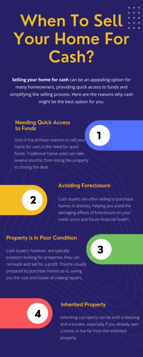 Selling your home for cash can be an excellent option under the right circumstances, offering speed, convenience, and certainty. Whether you need quick access to funds, are dealing with a distressed property, facing foreclosure, or simply want to simplify the selling process, a cash sale can provide the solution you need. Carefully consider your situation and consult with a real estate professional to determine if this route aligns with your goals and needs. To know more visit here https://www.904homebuyer.com/sell
