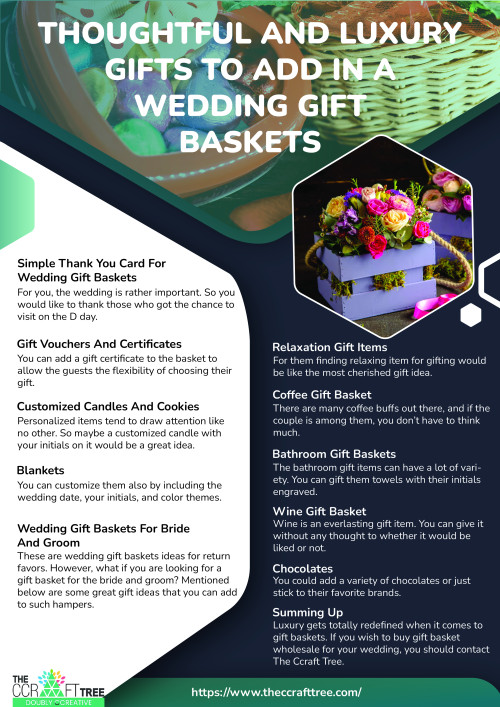 Looking for exquisite Wedding Gift Baskets? Explore The C Craft Tree for luxury gifts curated in beautifully crafted baskets. Impress the newlyweds with our unique and elegant gift options.

Visit:- https://www.theccrafttree.com/luxury-gifts-in-wedding-gift-baskets/

Box Gifting Ideas | Gift Basket Design | Gift Basket For A Wedding | Gift Basket Hamper | Gift Basket Wholesale | Wedding Box Design | Wedding Gift Baskets