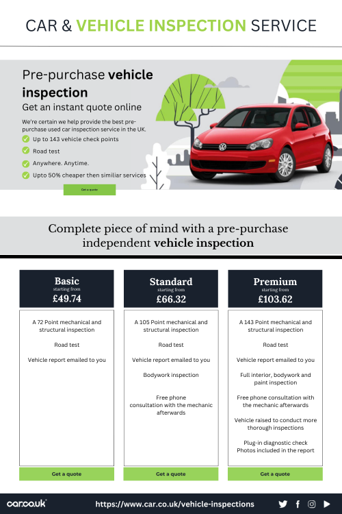 Discover our professional car inspection services designed to ensure your vehicle's safety and performance. Our skilled technicians provide accurate assessments for your peace of mind. Visit to know more:https://www.car.co.uk/vehicle-inspections