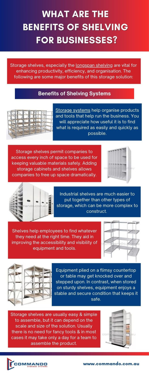 Longspan shelving is a highly durable option with regards to storing goods. In contrast to alternative options, like mesh and wire shelving, long-span shelving features a capacity for higher loads and provides a sturdy structure for bigger items. Such shelves are easy to assemble and so can cater to the growing needs of a business. For more information visit the website https://www.commando.com.au/products/mobile-shelving/ezi-glide-long-span/

#storagesystems #longspanshelvingmelbourne #longspanshelving #shelvingsystems #CommandoStorageSystems
