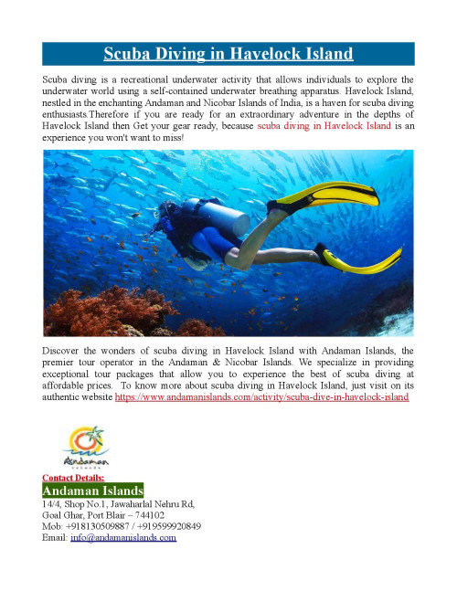 Andaman Islands is a leading tour operator in Andaman & Nicobar Islands, which offers the best tour packages for scuba diving in Havelock Island at very affordable price. To know more about scuba diving in Havelock Island, just visit at https://www.andamanislands.com/activity/scuba-dive-in-havelock-island