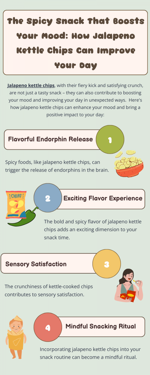 Jalapeno kettle chips, with their fiery kick and satisfying crunch, are not just a tasty snack – they can also contribute to boosting your mood and improving your day in unexpected ways. From the invigorating spiciness to the satisfying texture, these chips have more to offer than meets the taste buds. To know more visit here https://cravnflavor.com/product/cravn-flavor-kettle-cooked-jalapeno-flavored-potato-chips-8-oz/