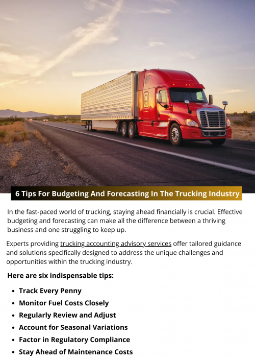 Mastering budgeting and forecasting is essential for success in the trucking industry. By diligently tracking expenses, accounting for seasonal variations, staying ahead of maintenance costs, monitoring fuel expenses, factoring in regulatory compliance, and regularly reviewing and adjusting your financial plans, you can steer your trucking company toward long-term profitability and sustainability. To know more visit here https://www.truckersprocpa.ca/trucking-business-advisory-services