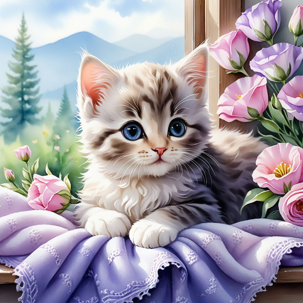 cute kitten lying on a blanket on the windowsill eustoma flowers watercolor high quality 8k (1)