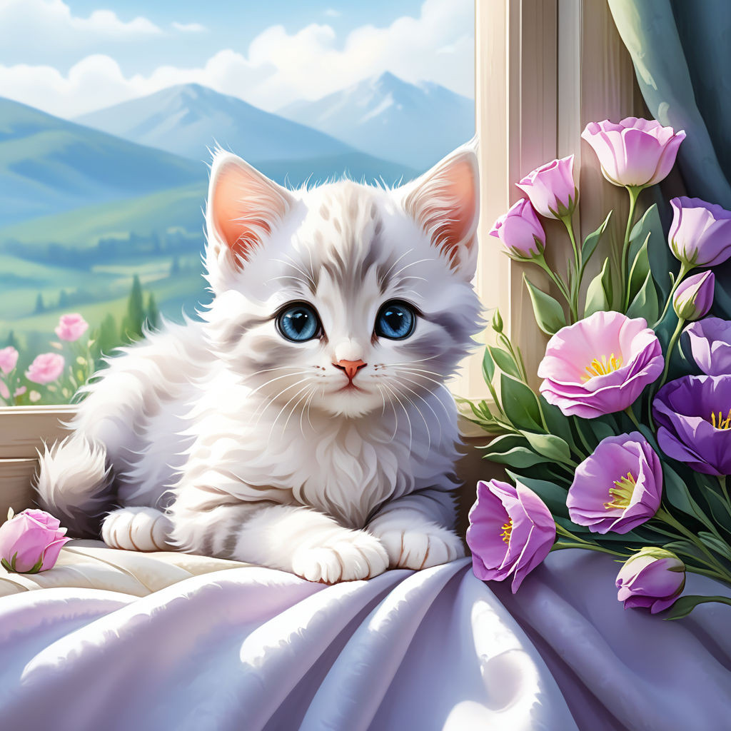 cute kitten lying on a blanket on the windowsill eustoma flowers watercolor high quality 8k (2)