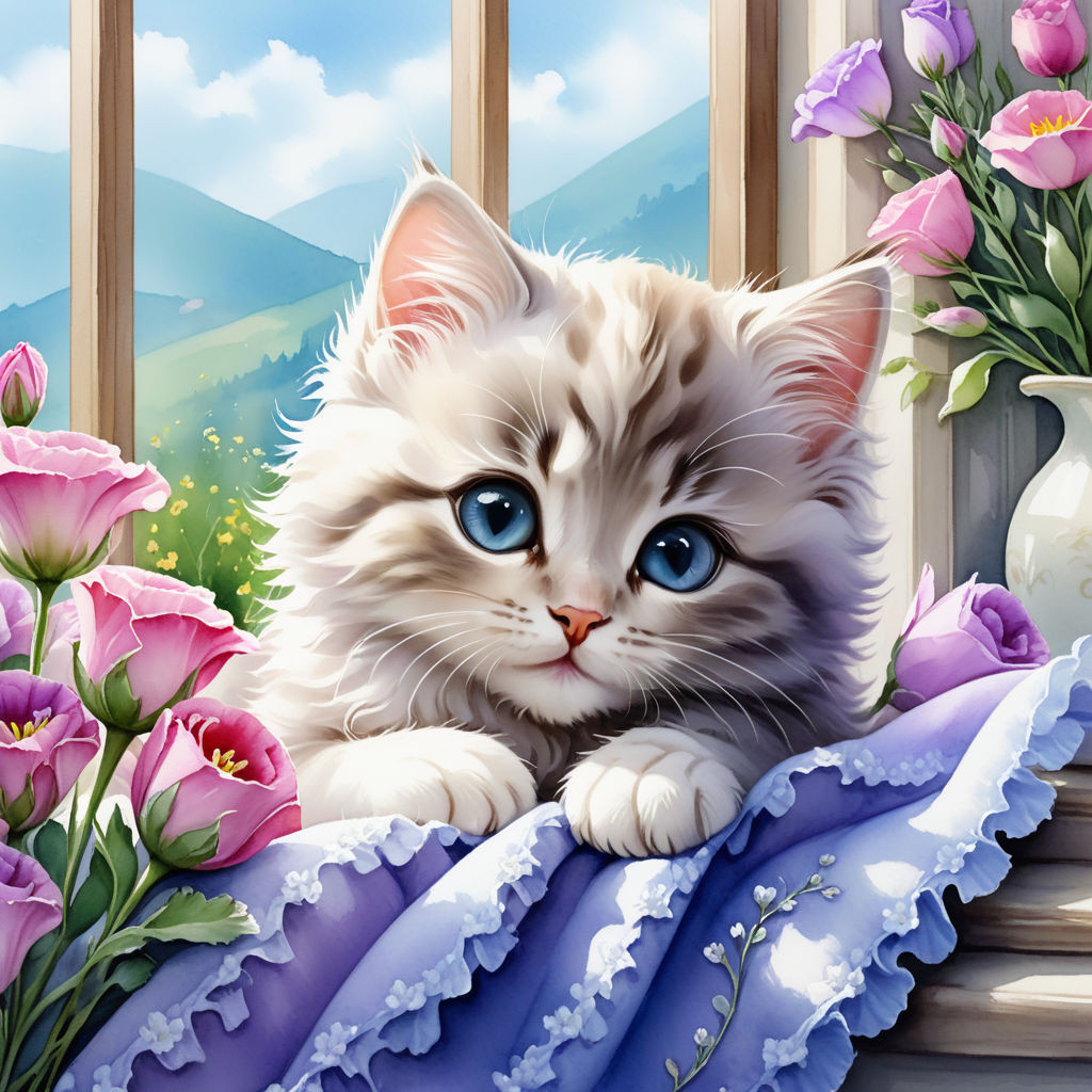 cute kitten lying on a blanket on the windowsill eustoma flowers watercolor high quality 8k (3)