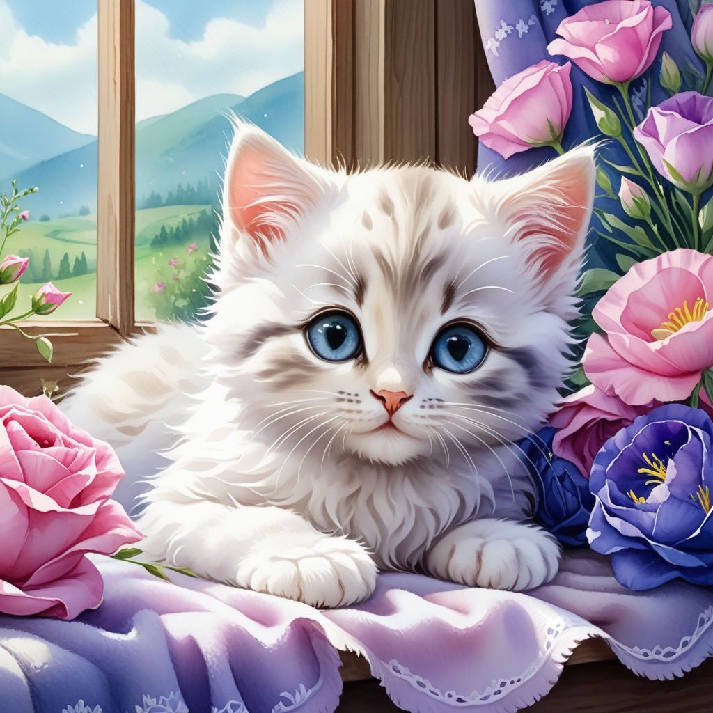 cute kitten lying on a blanket on the windowsill eustoma flowers watercolor high quality 8k