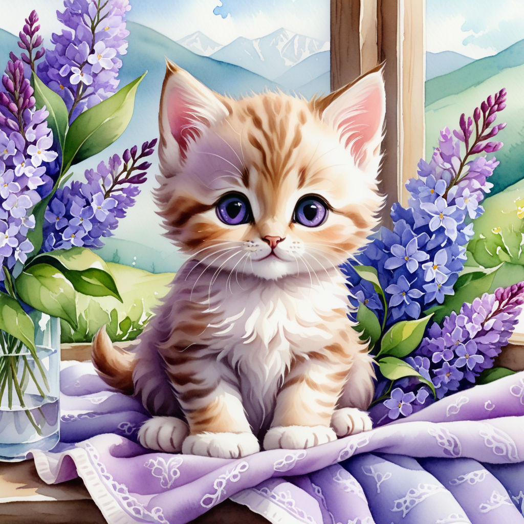 cute kitten sitting on a blanket on the windowsill surrounded by lilac flowers watercolor high qu (6