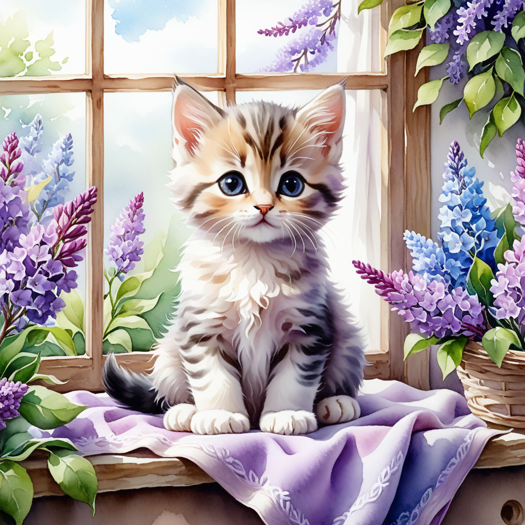 cute kitten sitting on a blanket on the windowsill surrounded by lilac flowers watercolor high qu (7