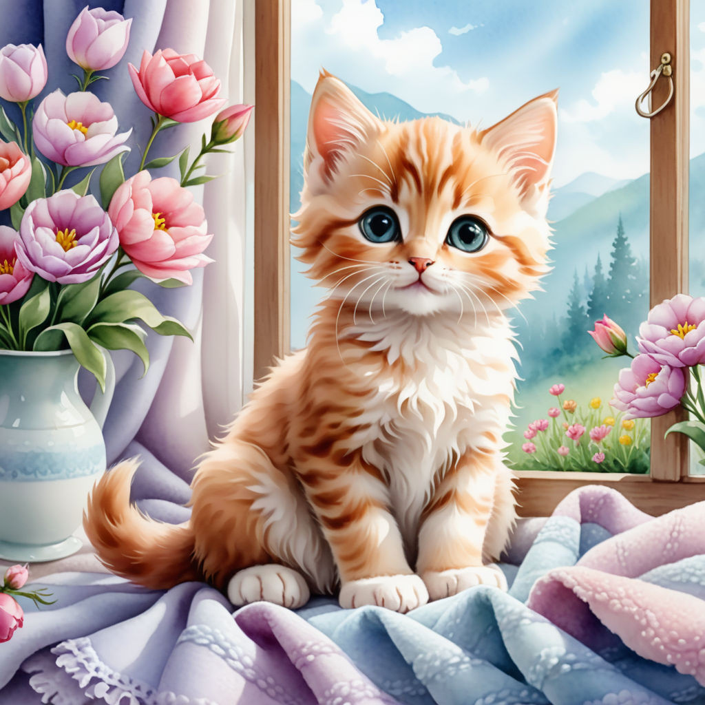 cute kitten sitting on a blanket on the windowsill flowers watercolor high quality 8k (2)