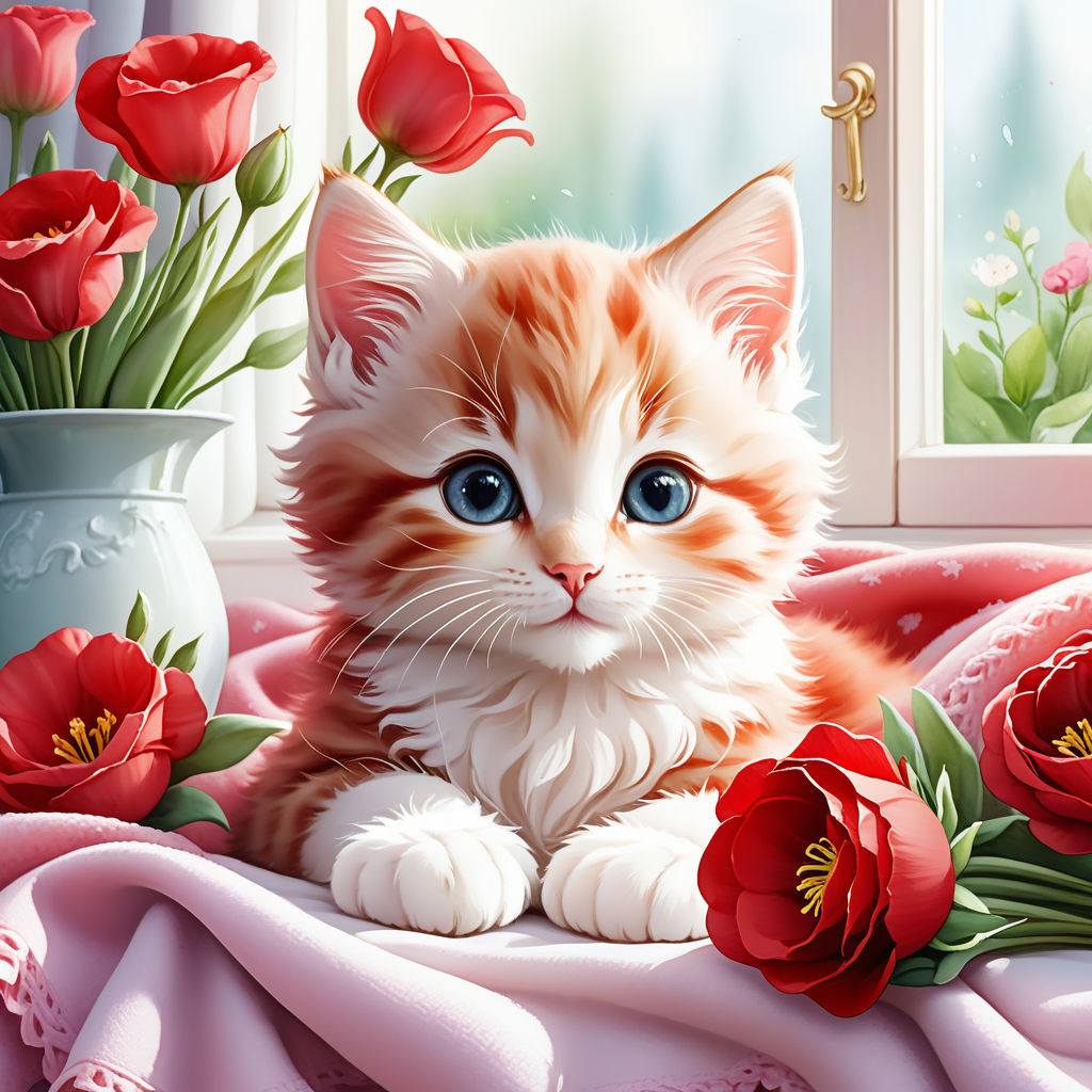 cute kitten red color lying on a blanket on the windowsill flowers eustoma watercolor high qu