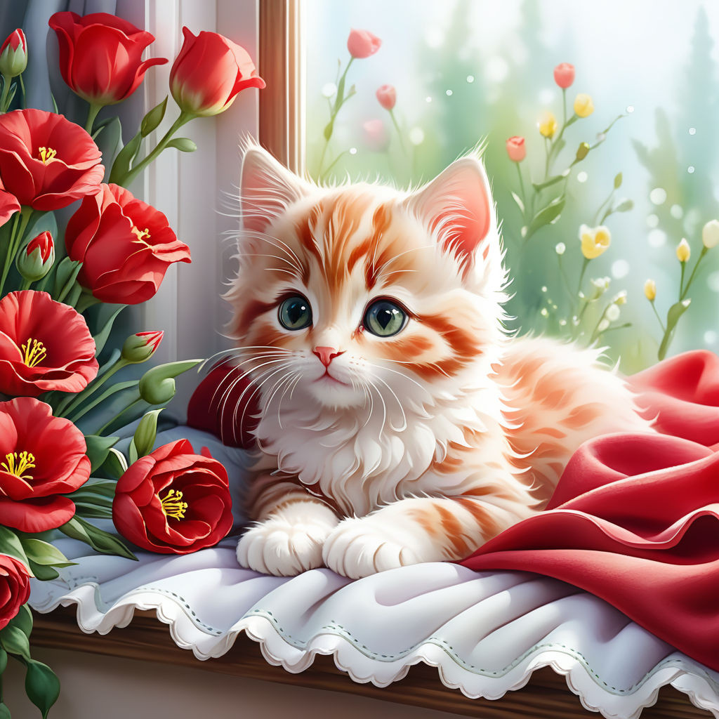 cute kitten red color lying on a blanket on the windowsill flowers eustoma watercolor high qu (1)