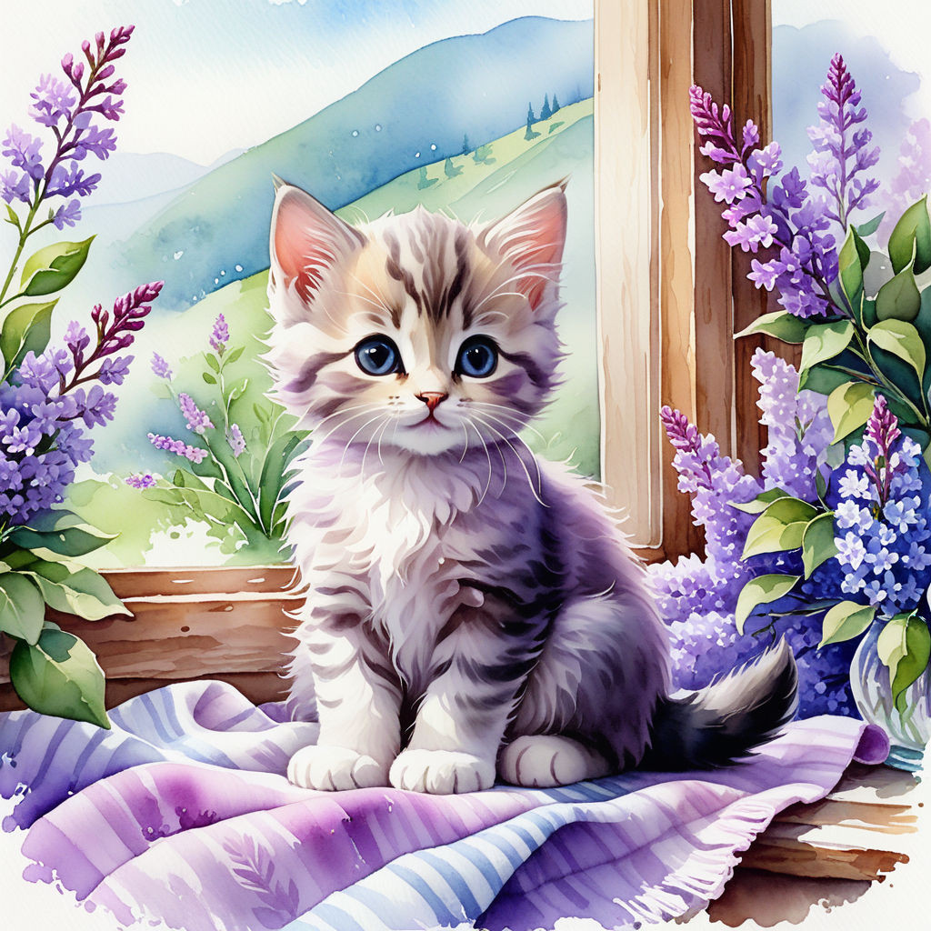 cute kitten sitting on a blanket on the windowsill surrounded by lilac flowers watercolor high qu (4