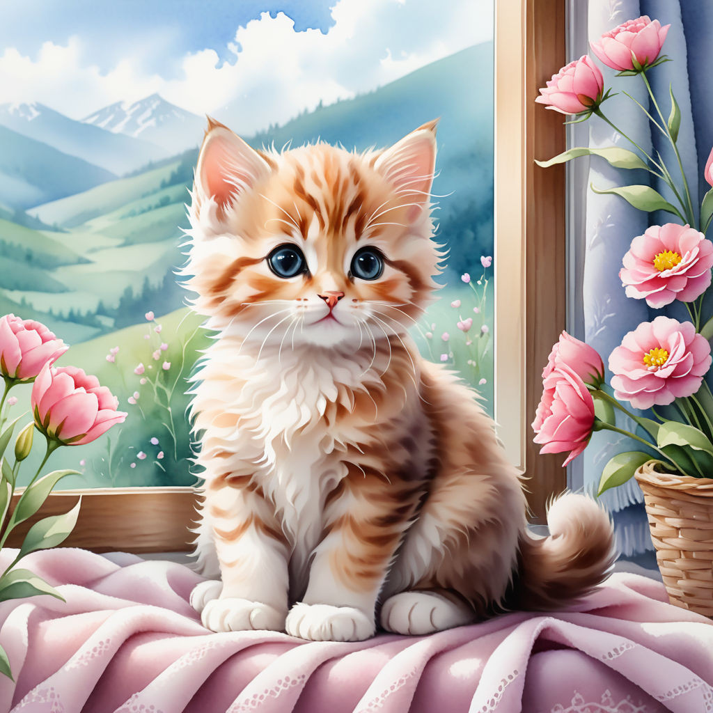 cute kitten sitting on a blanket on the windowsill flowers watercolor high quality 8k (1)