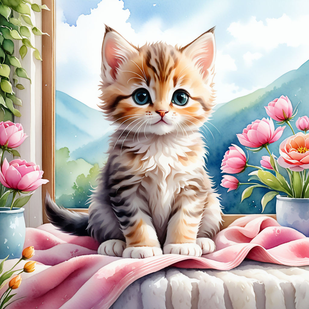 cute kitten sitting on a blanket on the windowsill flowers watercolor high quality 8k (3)