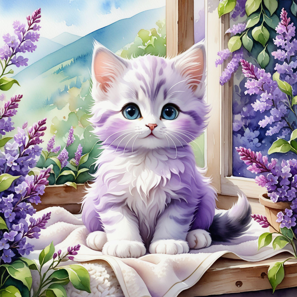 cute kitten sitting on a blanket on the windowsill surrounded by lilac flowers watercolor high qu (5