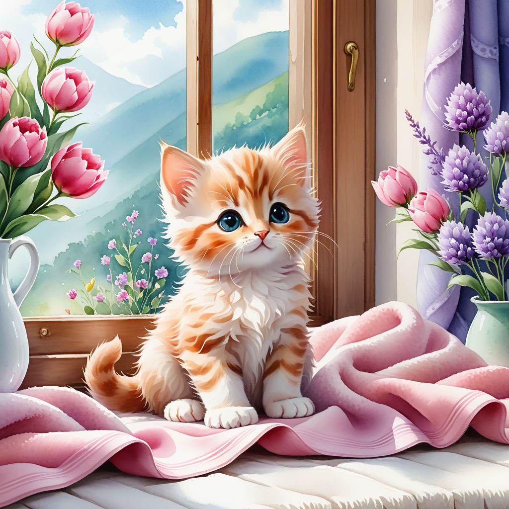 cute kitten sitting on a blanket on the windowsill flowers watercolor high quality 8k