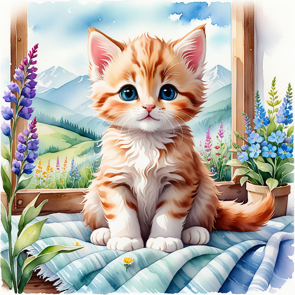 cute kitten sitting on a blanket on the windowsill surrounded by wildflowers watercolor high quali (