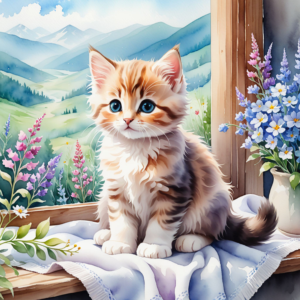 cute kitten sitting on a blanket on the windowsill surrounded by wildflowers watercolor high quali (