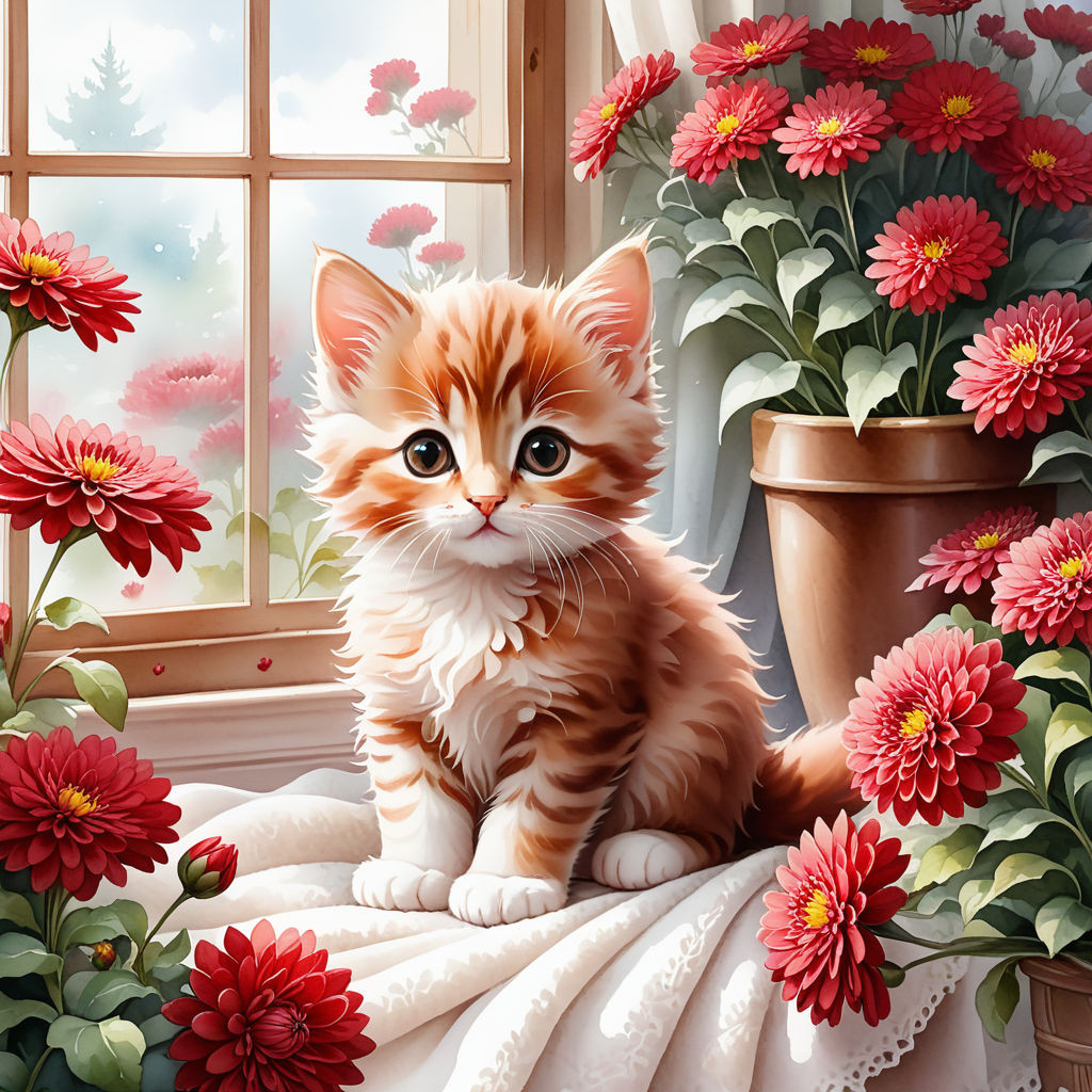 cute kitten sitting on a blanket on the windowsill surrounded by flowers of red brown chrysanthemu