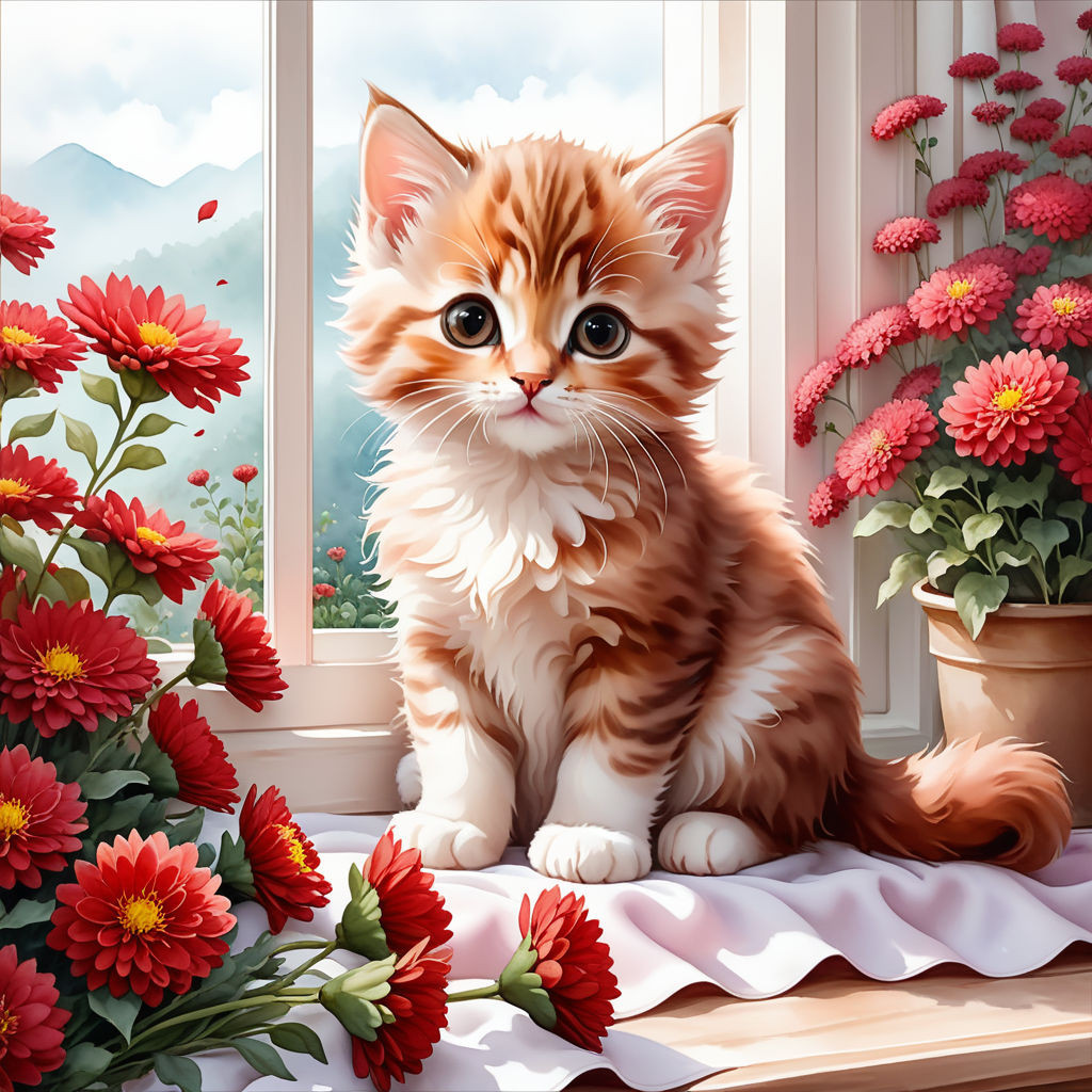 cute kitten sitting on a blanket on the windowsill surrounded by flowers of red brown chrysanthemu (