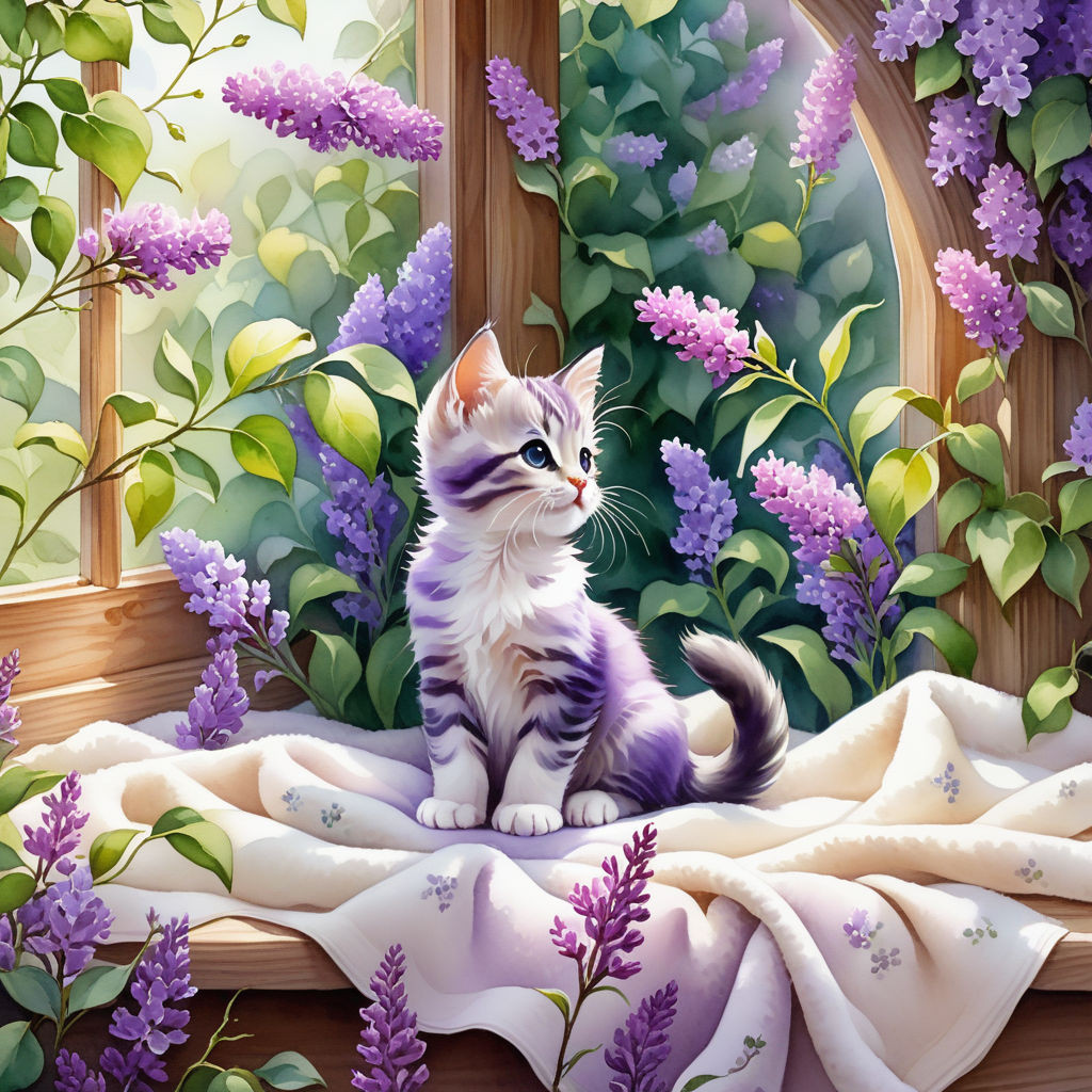 cute kitten sitting on a blanket on the windowsill surrounded by lilac flowers watercolor high qu (2