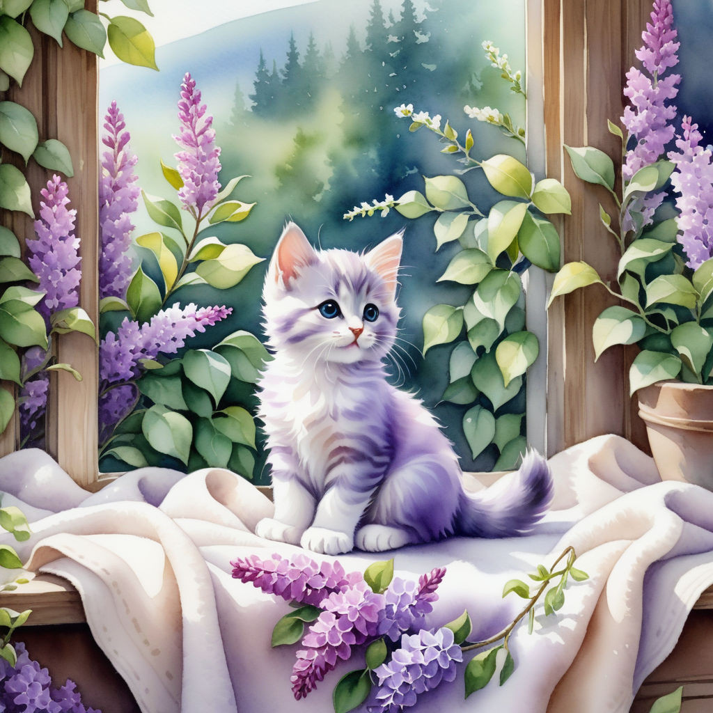 cute kitten sitting on a blanket on the windowsill surrounded by lilac flowers watercolor high qu (3