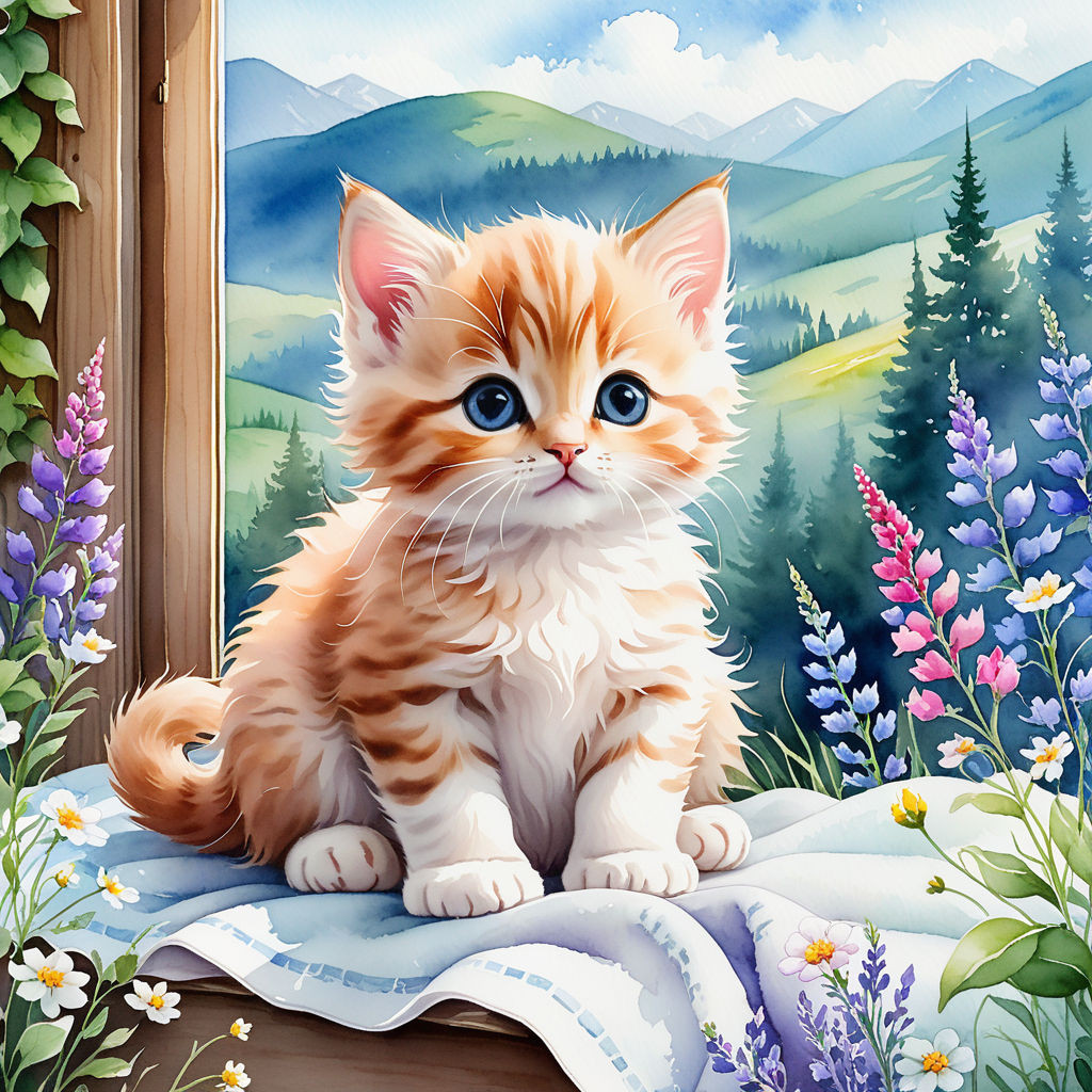 cute kitten sitting on a blanket on the windowsill surrounded by wildflowers watercolor high quali (