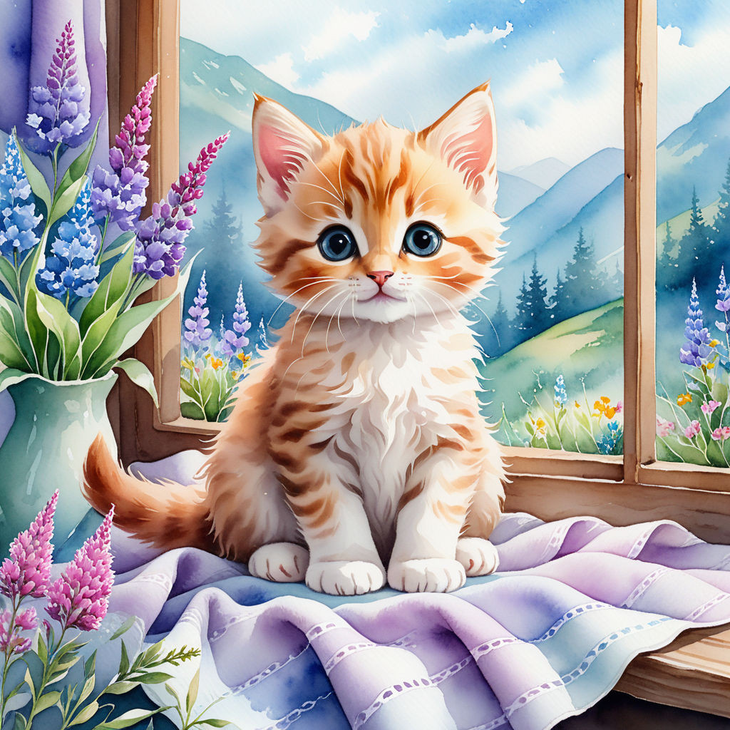 cute kitten sitting on a blanket on the windowsill surrounded by wildflowers watercolor high quali (
