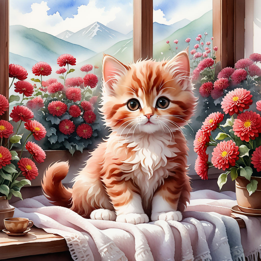 cute kitten sitting on a blanket on the windowsill surrounded by flowers of red brown chrysanthemu (