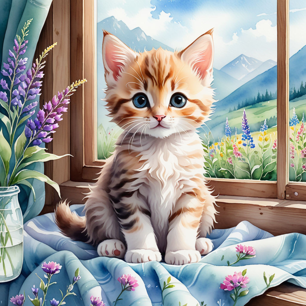 cute kitten sitting on a blanket on the windowsill surrounded by wildflowers watercolor high quali (