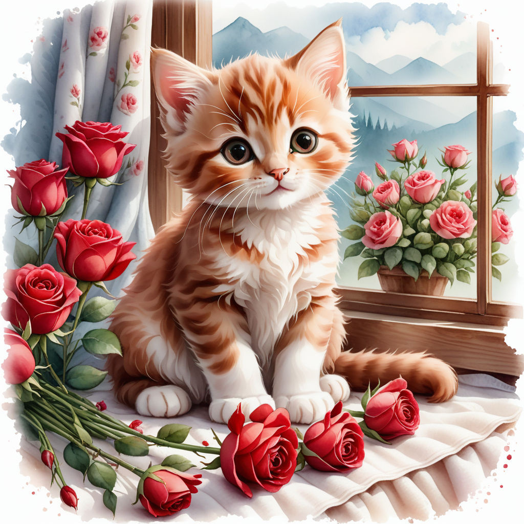 cute kitten sitting on a blanket on the windowsill surrounded by flowers of red brown roses water (2