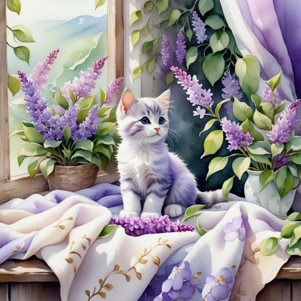 cute kitten sitting on a blanket on the windowsill surrounded by lilac flowers watercolor high qu