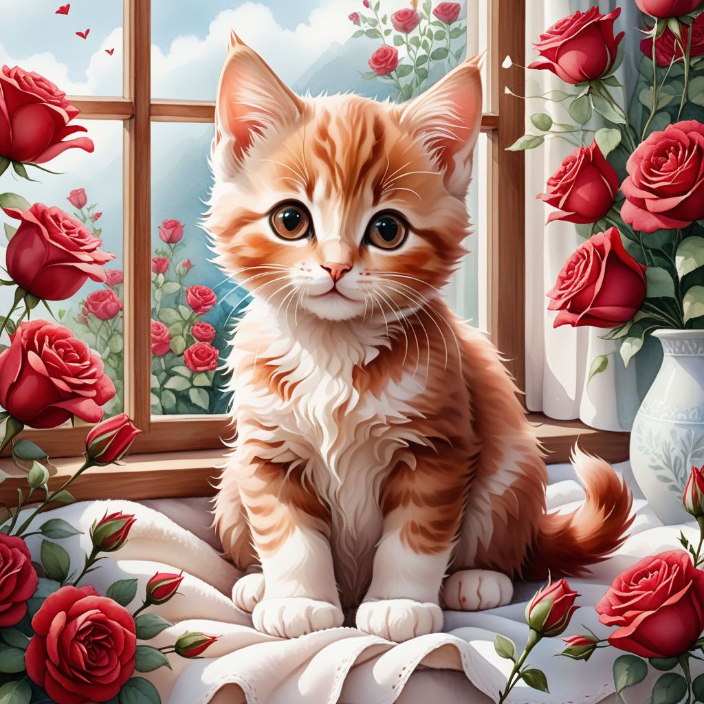 cute kitten sitting on a blanket on the windowsill surrounded by flowers of red brown roses water (1
