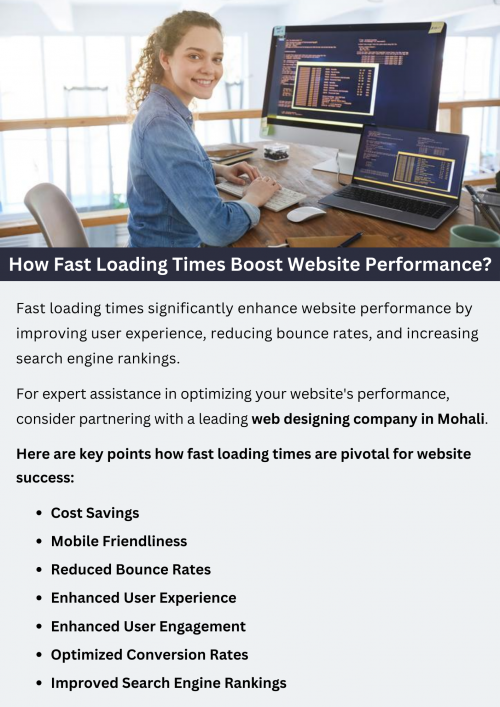 Fast loading times significantly enhance website performance in multiple ways. Firstly, they improve user experience by reducing wait times, leading to lower bounce rates and increased user engagement. Secondly, fast-loading websites tend to rank higher in search engine results, thus attracting more organic traffic. Moreover, quick loading times contribute to higher conversion rates, as users are more likely to stay and interact with a fast and responsive website. To know more visit here https://singhimarketingsolutions.com/web-designing-services/mohali/