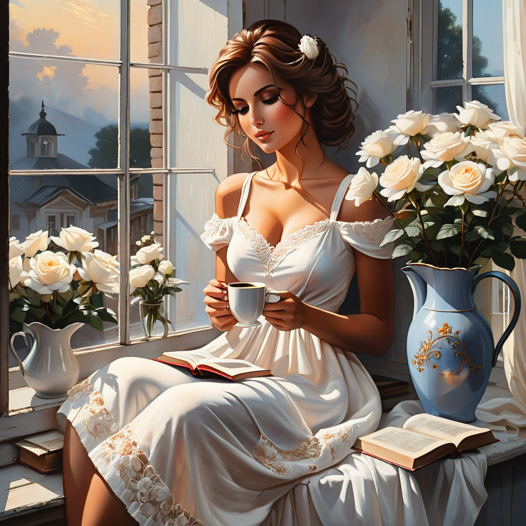 bizarre mixed media a woman in a white cotton dress sitting on the windowsill and holding a cup of (